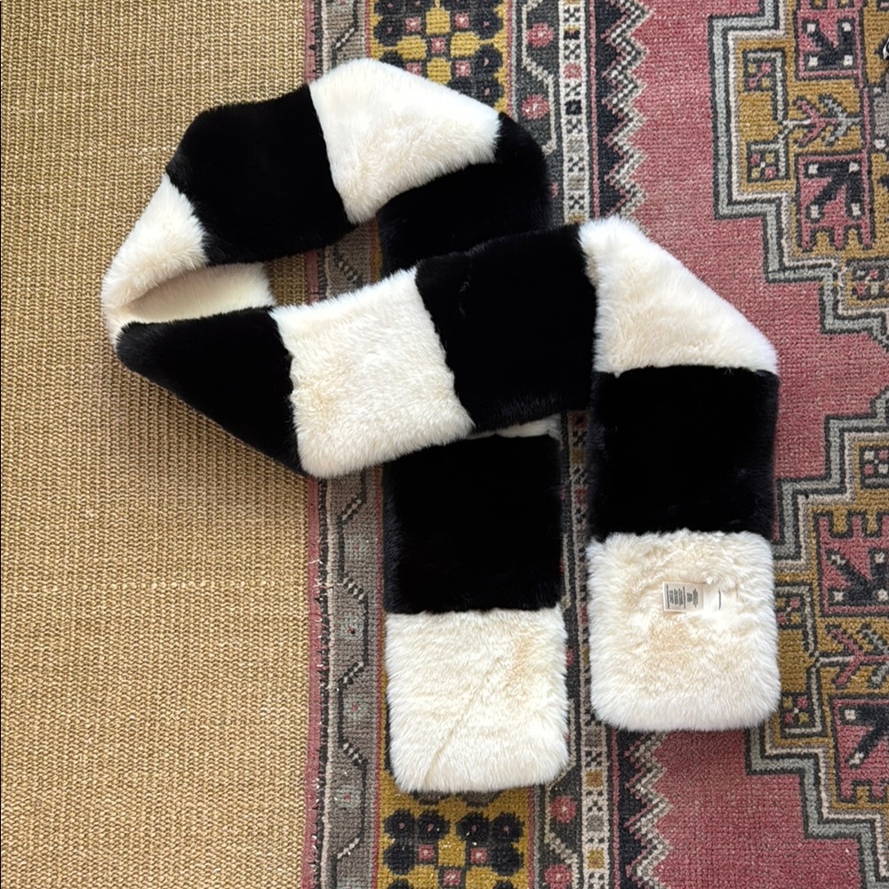 Anthropologie Black White Faux Fur Striped Scarf Wrap One Size